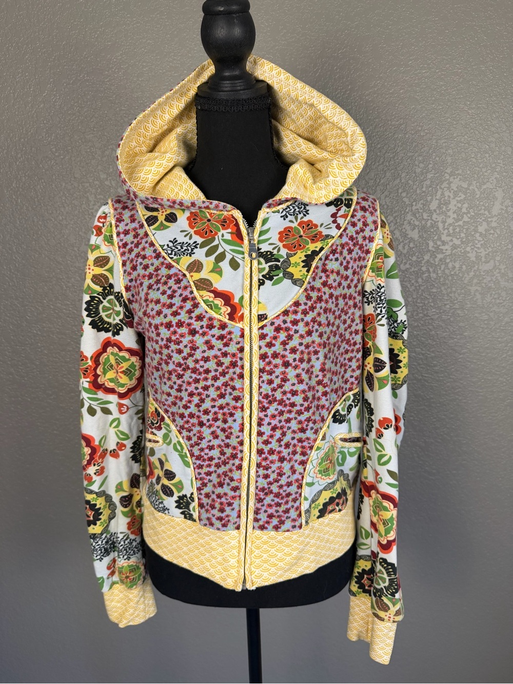 Ann Pinkerton Tea Collection Floral Patchwork Hooded Zip Up Jacket